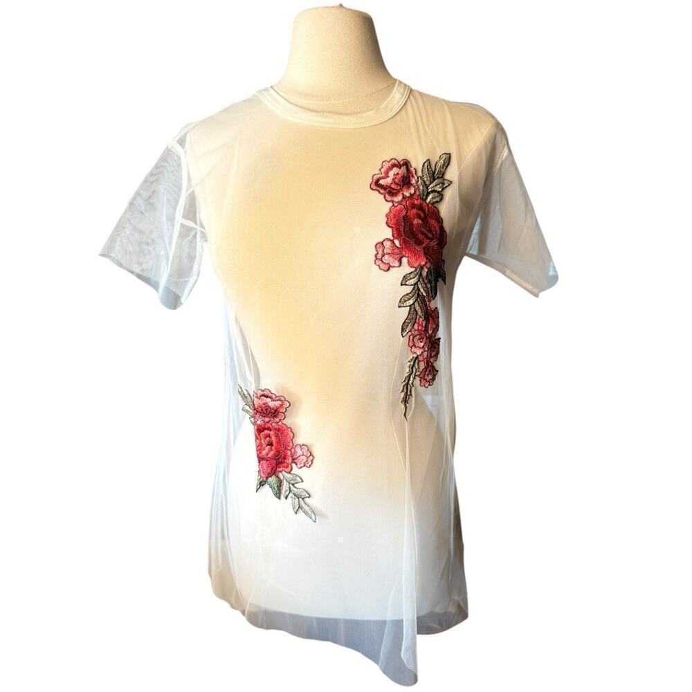 POL NEW Anthropologie Embroidered White Mesh Top Sheer Small Floral Boho Chic